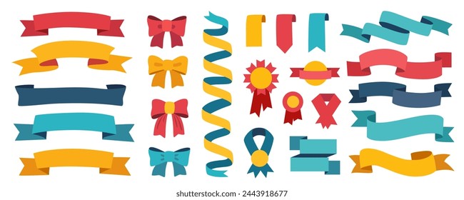 Ribbons and tags mega set in flat graphic design. Collection elements of empty flying curve flags, award bows, vintage emblems, award medals, quality signs, bookmarks and tapes. Vector illustration.