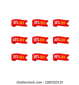 Ribbons tags set with discount offer. Low cost icon. Promo icon in flat style. Vector promotion red labels.