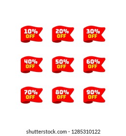 Ribbons tags set with discount offer. Low cost icon. Promo icon in flat style. Vector promotion red labels.