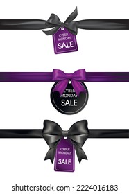 Ribbons and tags with text CYBER MONDAY SALE on white background
