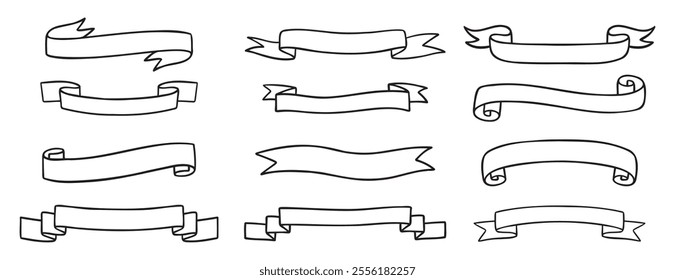 ribbons template for text doodle hand drawn icon set. Outline drawing medieval ribbons template line clipart symbol collection. Vector illustration