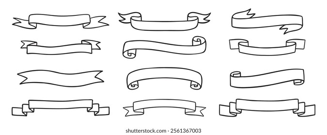 ribbons template for text doodle hand drawn icon set. Outline drawing medieval ribbons template line clipart symbol collection. Vector illustration