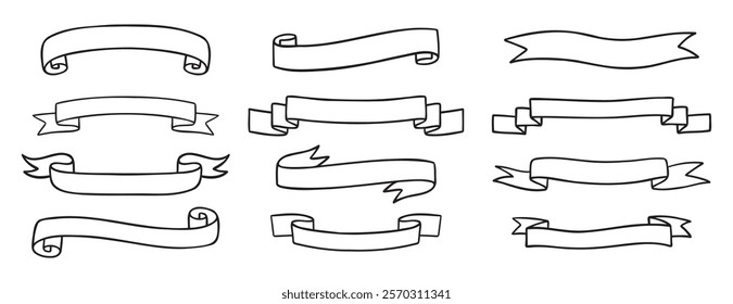 ribbons template for text doodle hand drawn icon set. Outline drawing medieval ribbons template line clipart symbol collection. Vector illustration