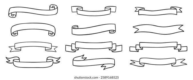ribbons template for text doodle hand drawn icon set. Outline drawing medieval ribbons template line clipart symbol collection. Vector illustration