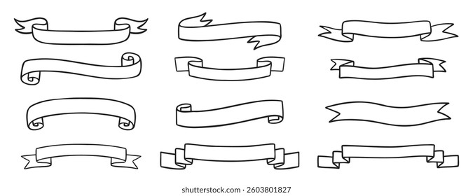 ribbons template for text doodle hand drawn icon set. Outline drawing medieval ribbons template line clipart symbol collection. Vector illustration