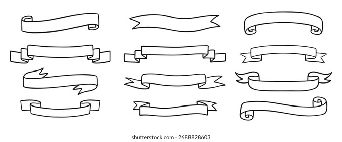 Plantilla de cintas para el conjunto de iconos de texto dibujado a mano. Esquema dibujando cintas medievales línea de Plantilla Clipart símbolo colección. Ilustración vectorial