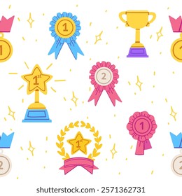 Ribbons, trophies, and medals in a celebratory layout with stars and laurels. Ideal for event branding or sports visuals. Vector illustration