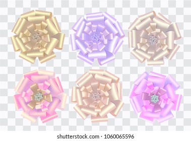 Ribbons in various colours. Silk bows on transparent background. Gold, pink, silver and lilac colors.