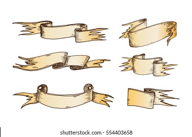 Ribbons vector banner set  ribboned vintage tape hand drawn flat illustration isolated on white.