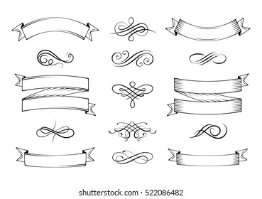 Ribbons, vintage elements and page decoration. Ornate frames and scroll element.