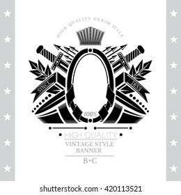 Ribbons Winding Of Oval Frame In Center Between Vintage Weapons. Label Isolated On White