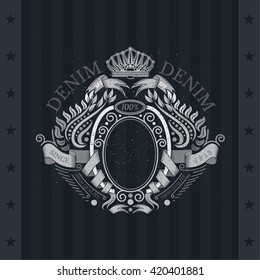 Ribbons Winding Of Oval Frame In Center And Laurel Pattern Around. Vintage Label On Blackboard