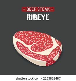 Ribeye, raw marble beef steak vector illustration isolated on black background