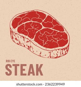 Ribeye Steak Illustration. Rotes Fleisch. Sketch-Steak. Handgezogenes Rippenhacksteak. Vintage-Gravur. Metzgerei Fleischessen. Steg im Retro-Stil für Menü, Fleischerei