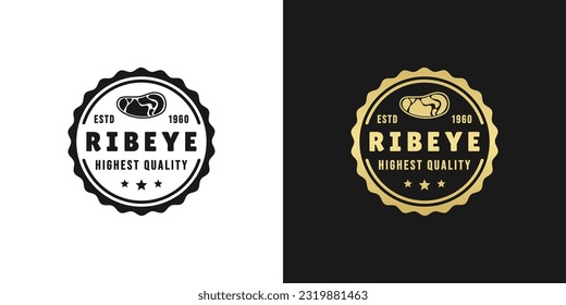 Ribeye steak logo or Rib eye steak logo vector isolated in flat style. Best Ribeye steak logo or label for product packaging design element. Rib eye steak seal for packaging design element.