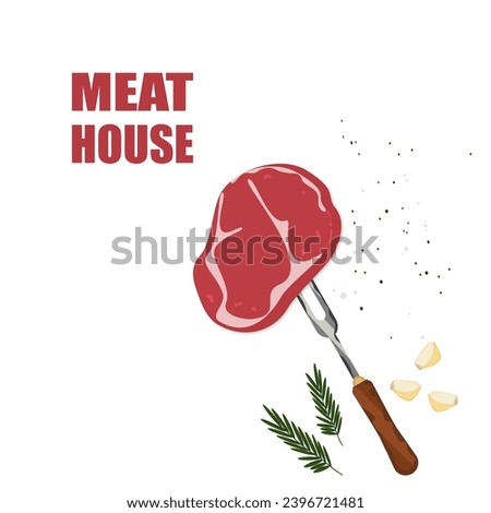 Ribeye steak skewered on a fork raw ready to eat Cooking barbecue Grilled food, vector illustration.