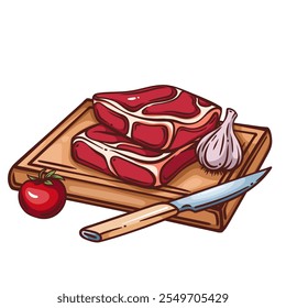 Ribeye steak two slices on rectangular wooden board with knife, garlic and tomato. Outline hand drawn color sketch of rib eye portion to cook, grill. Butchery mascot, steak icon vector illustration