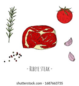 Ribeye steak. Vector cartoon illustration. Isolated object on a white background. Hand-drawn style.