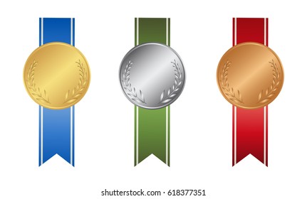 Ribon medals set on white background. Golden, silver and bronze.