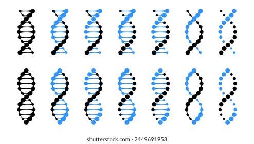 Ribonucleic helix connect to dna spiral. Gene mutation and protein test icon set. Dna molecule model double sequence chain of dots. Cloning and genetic modification technology symbol.