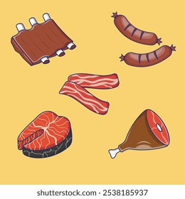 Costelas, Carne, Carne De Bovino, Carne De Porco, Cordeiro, Comida, Culinária, Salmão, Salmão De Peixe Filete, Ilustração Vetorial, Ícone, Ícone De Alimentos, Ícone De Alimentos Vetorial Isolado