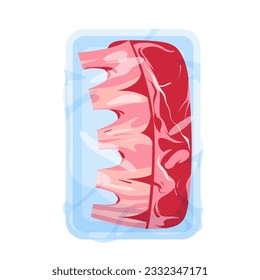 Costillas en la ilustración vectorial de la bandeja de plástico. Caricatura aislada congelada o fría carne de cerdo o carne de res fresca fresca y fresca con hueso para barbacoa en envase transparente, vista superior de caja de vacío con envoltura de celofán