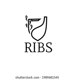 RIBS im Sinne von "Rindfleischanteil". Retro-Logo mit einer einzigartigen kombinierten Form mit dekorativen Wortmarken und Illustration von Teilen von Kräuterfleisch und Messer zu einem Schild
