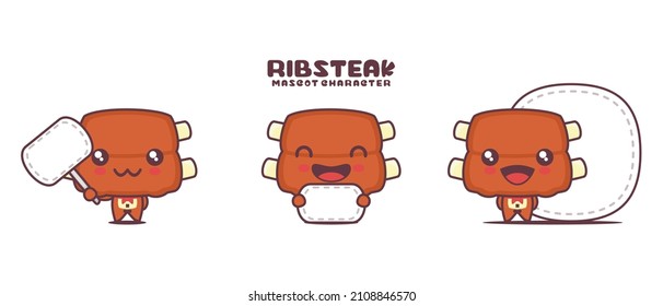 ribs steak cartoon illustration, with blank board banner, isolated on a white background.