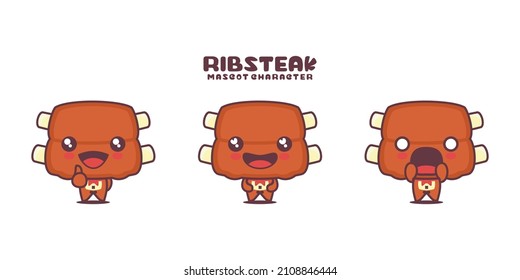 ribs steak cartoon illustration, with different expressions, isolated on a white background.