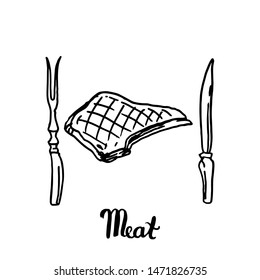 Ribs steak with fork and knife simple illustration. Hand drawn line art, black and white doodle vector
