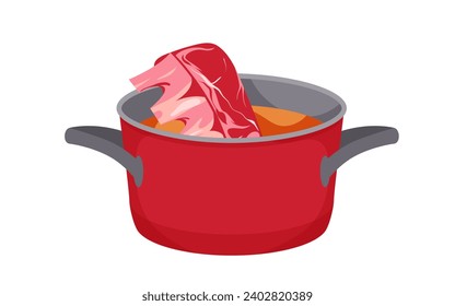 Ribs stew cooking in pot vector illustration. Cartoon isolated meat of pig or cow with bones cooked in sauce or soup in red saucepan with handles, casserole of pork or beef for lunch or dinner