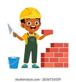 rican American boy building a brick wall while smiling with a trowel and hardhat