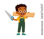 rican American Boy Carpenter Carrying Wood Plank and Saw Cartoon Illustration