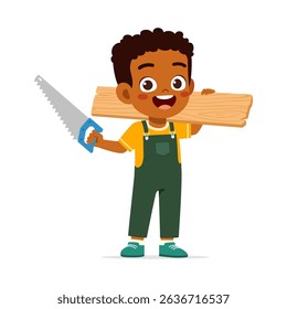 rican American Boy Carpenter Carrying Wood Plank and Saw Cartoon Illustration