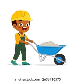 rican American Boy in Hard Hat Pushing Wheelbarrow Full of Sand with Joyful Expression