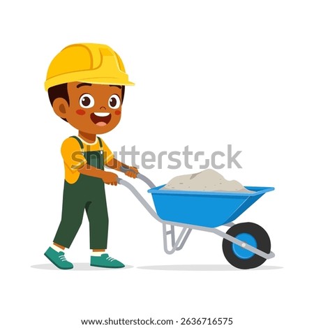 rican American Boy in Hard Hat Pushing Wheelbarrow Full of Sand with Joyful Expression