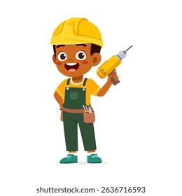 rican American Boy Holding a Yellow Drill Wearing a Hard Hat and Overalls Cartoon Style