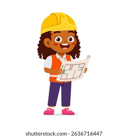 rican American Girl Builder with Construction Plan and Protective Helmet Smiling in Cartoon