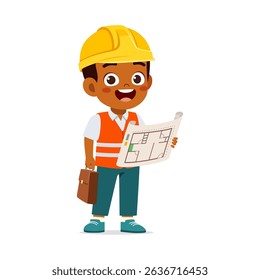 rican American Girl Builder with Construction Plan and Protective Helmet Smiling in Cartoon