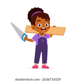 rican American Girl Carrying Wood Plank and Holding Saw in Illustration Style