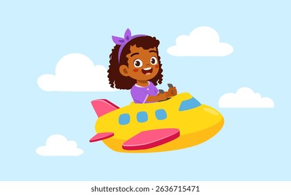 rican American Girl Flying a Toy Airplane in the Sky with Clouds