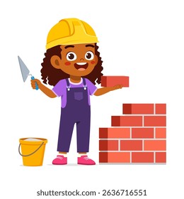 rican American Girl with Hard Hat Building Brick Wall with Trowel in Illustration