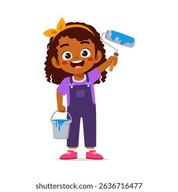 rican American girl holding paint roller and bucket with cute expression