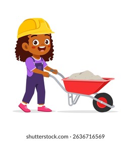 rican American Girl Pushing Wheelbarrow Filled with Sand Wearing Hard Hat