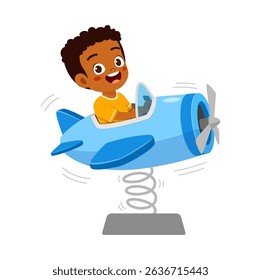 rican Boy Rides Blue Spring Airplane Amusement Park Ride, Cartoon Style