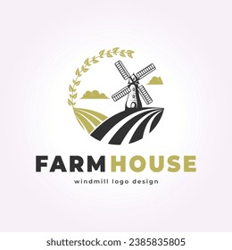 rice badge of windmill logo vector, farmhouse field vintage retro design illustration template