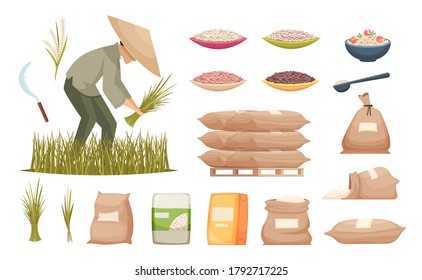 Rice bags. Agricultural products brown and white rice transporting food ingredients vector illustrations