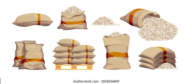 Rice bags. Pile with sackful textile objects grain agricultural collection vector sacks in cartoon style