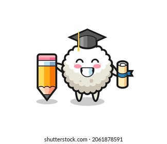 rice ball illustration cartoon is graduation with a giant pencil , cute style design for t shirt, sticker, logo element