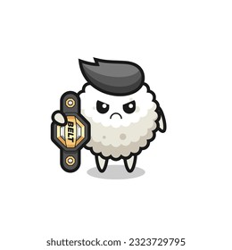 rice ball mascot character as a MMA fighter with the champion belt , cute style design for t shirt, sticker, logo element